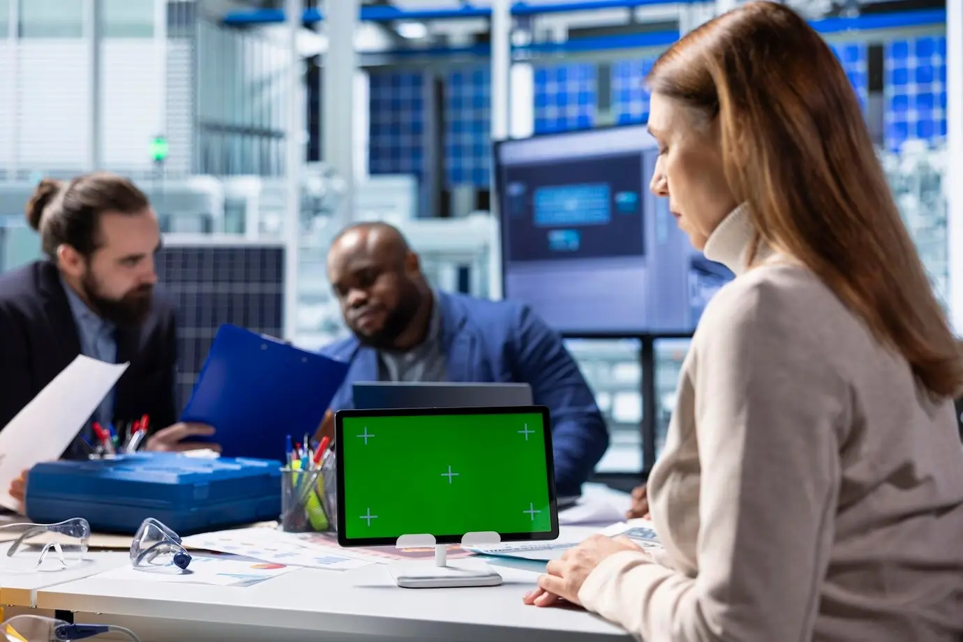 Специалист солнечной электростанции использует планшет с хромакеем для изучения энергетических систем.